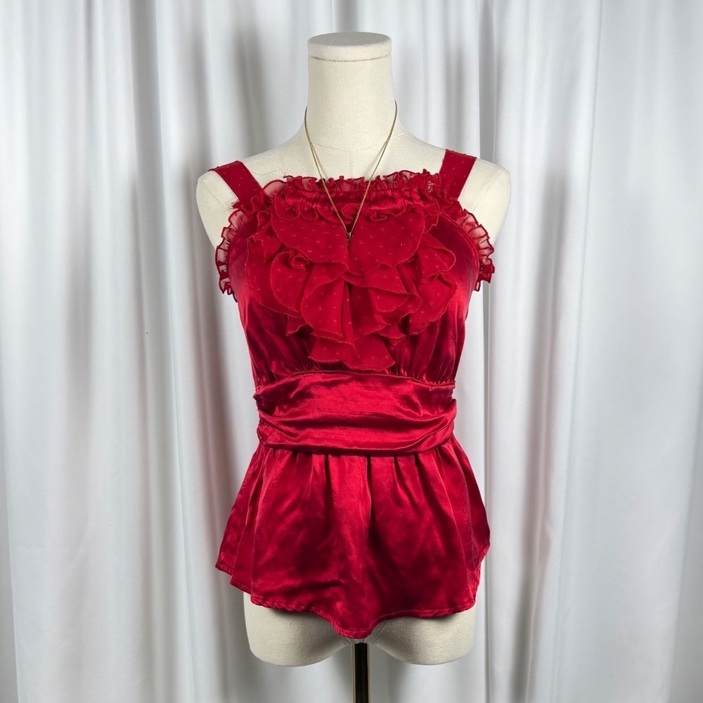 Bebe Red 100% Silk Ruffle Front Swiss Dot Mesh Empire Waist Smocked Top